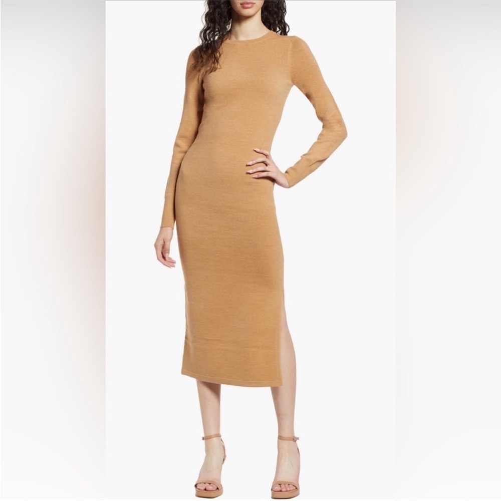 French Connection Camel Brown Long Sleeve Knit Dress with Side Slit